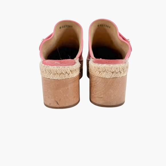 Chanel Turnlock CC Clog Mules Size 37 US 6-6.5 Pink Suede Espadrille Block Heel - Picture 6 of 15